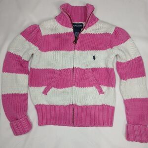 Ralph Lauren Vtg Toddler Sweater Cotton Striped Zip Up Pink White 4T
